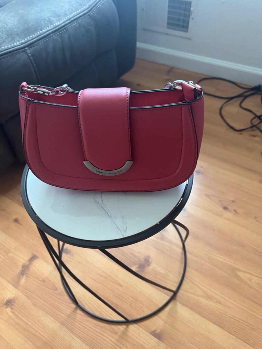French Connection Cherry Pink Leather Shoulder Bag with Chain Strap